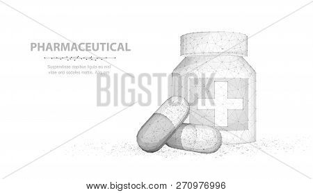 Pills. Abstract 3d Illustration Two Capsule Pills Near Bottle Isolated On White Background.