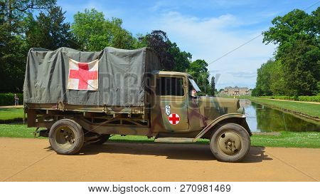 Silsoe, Bedfordshire, England - May 28, 2017: Vintage Second World War Truck With Red Cross Signs  P