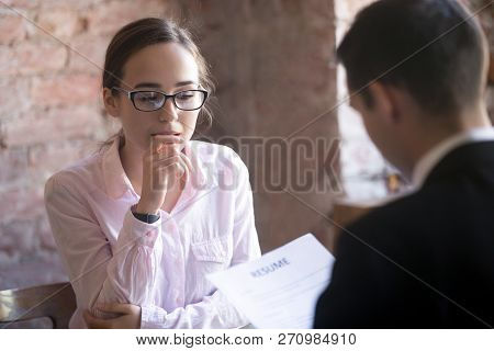 Female Job Applicant Feeling Stress, Afraid, Nervous At Job Inte