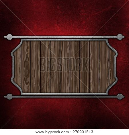 Grunge wooden plaque on a red stratched metal background