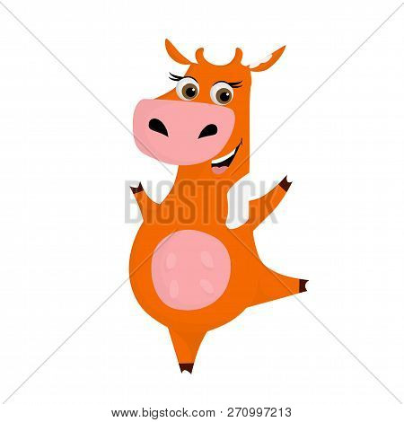 Happy, Cute Red Cow With White Spots. Funny Smiling Cheerful Toy Cow With Big Eyes. Cartoon Vector C