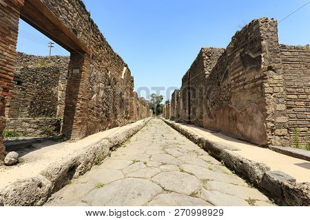 Wide Angle View Of The Stone Streets Of The Pompeii Ruins, Italy