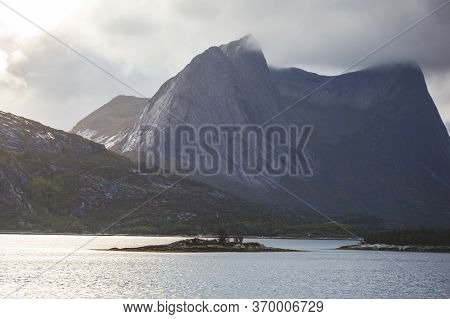 Classic Norwegian Cold Panoramic Landscape Of Efjorden Fjord, Ballangen Municipality, Nordland Count