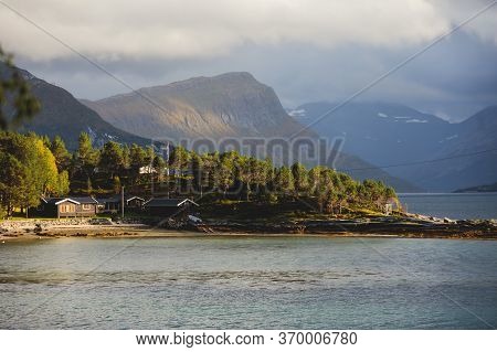 Classic Norwegian Cold Panoramic Landscape Of Efjorden Fjord, Ballangen Municipality, Nordland Count