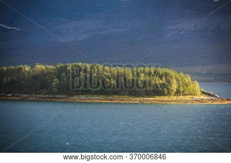 Classic Norwegian Cold Panoramic Landscape Of Efjorden Fjord, Ballangen Municipality, Nordland Count