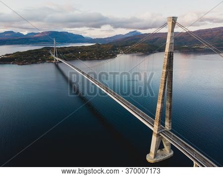 Aerial View Of A Halogaland Suspension Bridge Which Crosses The Rombaksfjorden In Narvik Municipalit