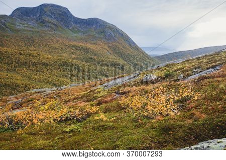 Norwegian Mountain Landscape During Hiking To Halls Fortopp Peak, With A View On Stetind, Northern N