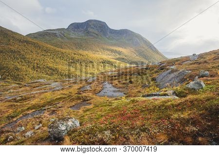 Norwegian Mountain Landscape During Hiking To Halls Fortopp Peak, With A View On Stetind, Northern N