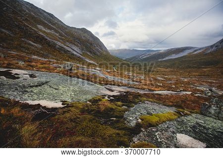 Norwegian Mountain Landscape During Hiking To Halls Fortopp Peak, With A View On Stetind, Northern N