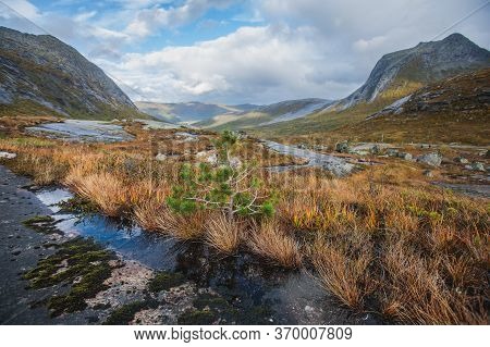 Norwegian Mountain Landscape During Hiking To Halls Fortopp Peak, With A View On Stetind, Northern N