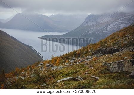 Norwegian Mountain Landscape During Hiking To Halls Fortopp Peak, With A View On Stetind, Northern N