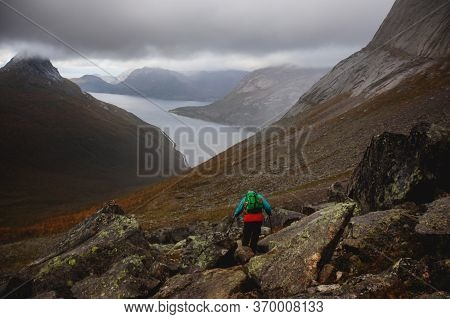 Norwegian Mountain Landscape During Hiking To Halls Fortopp Peak, With A View On Stetind, Northern N