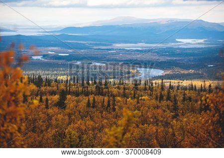 Swedish Autumn Fall Vibrant Landscape During Hiking To Kurravaara Mountain In Norrbotten County, Kir