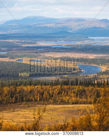 Swedish Autumn Fall Vibrant Landscape During Hiking To Kurravaara Mountain In Norrbotten County, Kir