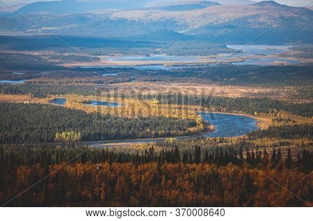 Swedish Autumn Fall Vibrant Landscape During Hiking To Kurravaara Mountain In Norrbotten County, Kir