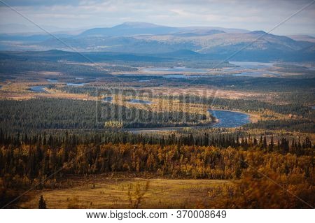 Swedish Autumn Fall Vibrant Landscape During Hiking To Kurravaara Mountain In Norrbotten County, Kir