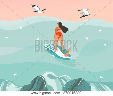 Hand Drawn Vector Stock Abstract Graphic Illustration With A Surfer Girl Surfing With A Dog And Seag