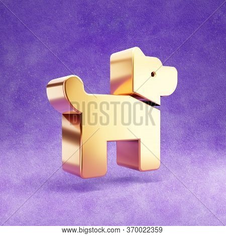 Dog Icon. Gold Glossy Dog Symbol Isolated On Violet Velvet Background. Modern Icon For Website, Soci