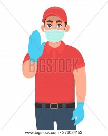 Courier Or Deliveryman In Mask And Gloves Showing Stop Sign With Palm. Person Gesturing Hand. Man Ma