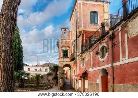 Old Red Building In The Old Town Of Ravello, Amalfi Coast, Campania, Naples, Italy. High Quality Pho