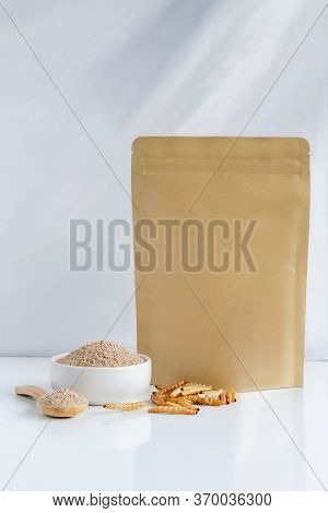 Bamboo Worm Powder. Bamboo Caterpillar Flour Insects For Eating As Food Edible Made Of Insect Meat I