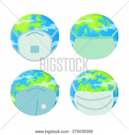 Planet Earth Wearing Protective Face Mask Set. Environmental Pollution, Fine Dust, Air Pollution, In