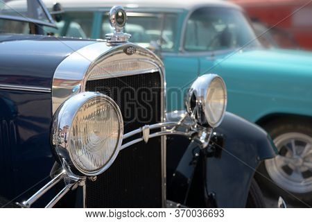 Ratzeburg, Germany - June 3, 2019: Historic Opel, Headlights  And Grille Of The Classic Automobile, 