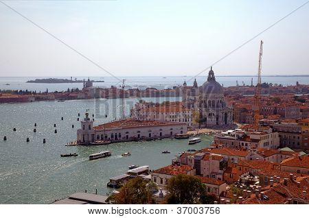 View to Santa Maria Della Salute from campanille at San Marco place in Venice