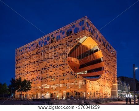 Lyon, France - 05 13 2016: The Orange Cube By Jakob + Macfarlane Architects On Quai Rambaud By Night