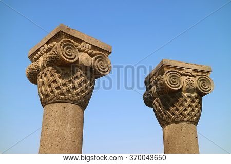 Partially Reconstructed Amazing Columns Of Zvartnots Cathedral Ruins, Built In 7th Century, Located 