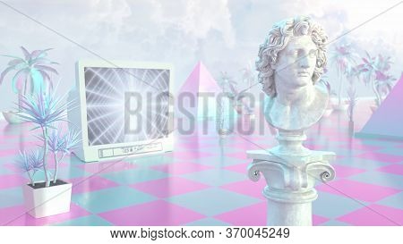 Aesthetic Vaporwave Statue With Retro Crt Tv And Mall Palm Plants 3d Rendering - Abstract Background