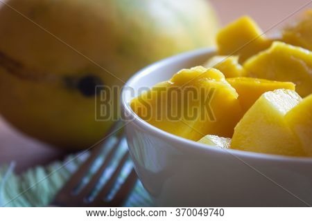 Imam Pasad Mango(considered King Of Mangoes) Cut Into Cube Shape. Tasty Himam Pasand Mangoes Sliced.