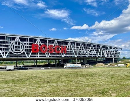 Stuttgart, Germany - May 30, 2020: Huge Bosch Letters At The Stuttgart Airport Parking Garage With E
