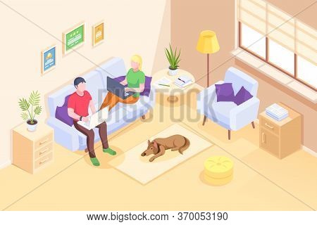 Online Work And Home Office, Couple Freelancers Working With Laptops Sitting On Sofa, Vector Isometr