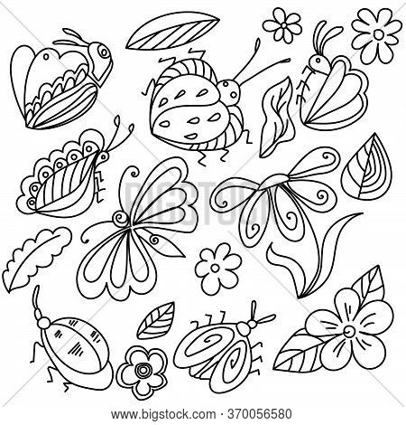Doodle Fantasy Insects And Nature Elements, Flower, Leaves And Bugs For Design And Creativity