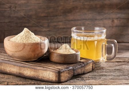 Maca Root Health Drink In A Glass With Powdered - Lepidium Meyenii. Text Space