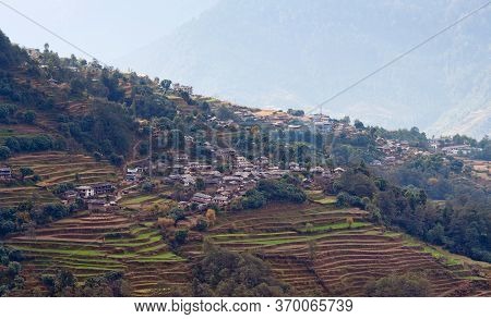 Panorama Of Ghandruk Village Over Terraced Fields On The Way To Annapurna Base Camp In The Nepal Him