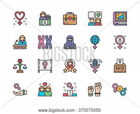 Set Of Feminism Color Line Icons. Female Protest, Salary, Chromosomes And More.