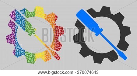 Wrench Tuning Mosaic Icon Of Circle Spots In Different Sizes And Rainbow Colored Color Tones. A Dott