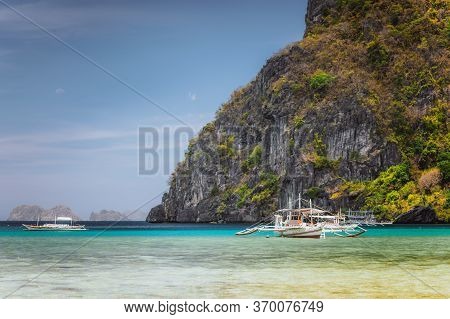 Boat In Lagoon Of Corong Beach In El Nido, Palawan Island, Philippines