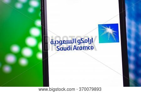 Saudi Aramco Logo On Smartphone Screen. High Quality Photo.