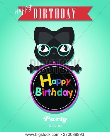 Black Cat Card Happy Brithday Vector Illustrator