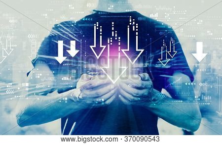 Descending Arrows With Young Man Using His Smartphone