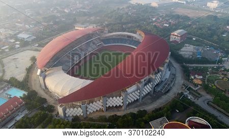 Bekasi. Indonesia. June 7 2020 : Aerial View - The Largest Stadium Of Bekasi From Drone. Indonesia.