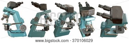 Renders Of Blue Professional Microscope With Fictive Design Isolated On White - Realistic Medical 3d
