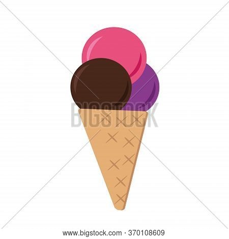 Ice Cream In A Waffle Cone. Three Multi-colored Balls. Single Element In Vector Flat Style, Sweet De