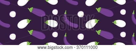 Cartoon Style Eggplants, Aubergines Wide Horozontal Vector Seamless Pattern Background.