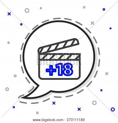 Line Movie Clapper With 18 Plus Content Icon Isolated On White Background. Age Restriction Symbol. A