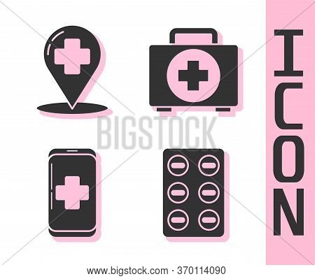 Set Pills In Blister Pack, Map Pointer With Cross Hospital, Emergency Mobile Phone Call To Hospital 