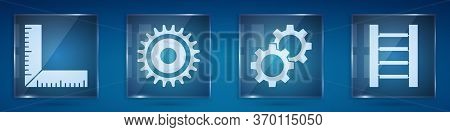 Set Corner Ruler, Circular Saw Blade, Gear And Wooden Staircase. Square Glass Panels. Vector